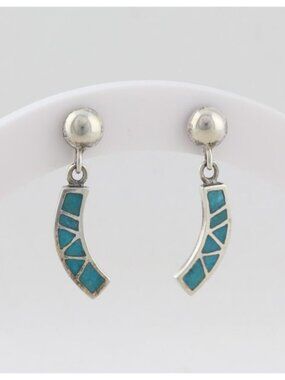 Sterling Silver Natural Turquoise Earrings Dangle Drop 1" x 3/16" inch